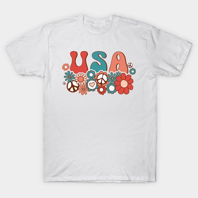 american groovy flower 4th july America retro patriotic USA T-Shirt by BramCrye